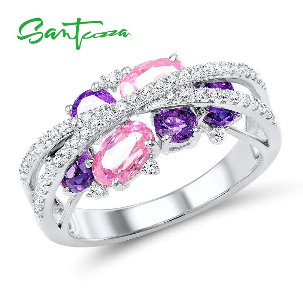 SANTUZZA Silver Rings For Women Genuine 925 Sterling Silver Shimmering Amethyst Pink Cubic Zirconia Trendy Luxury Fine Jewelry