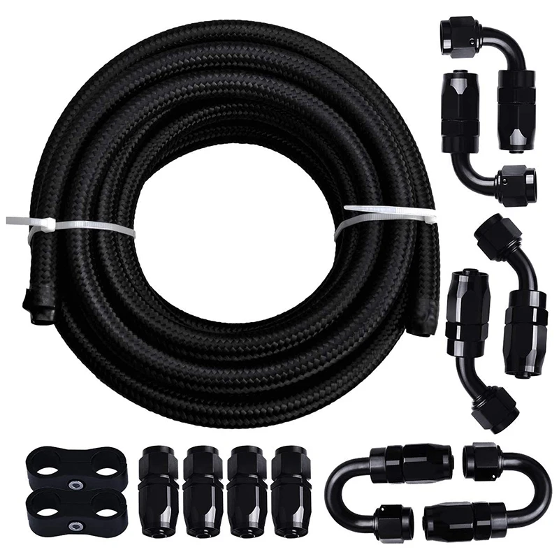20Ft 6AN 3/8 Inch Fuel Pipe Joint Kit Nylon Braided CPE Oil Hose Universal Black and 8 Joints