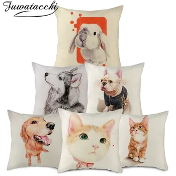 

Fuwatacchi Cat Dog Rabbit Pillow Cover Linen Cartoon Animals Printed Cushion Cover for Home Sofa Decorative Pillowcases 45x45cm