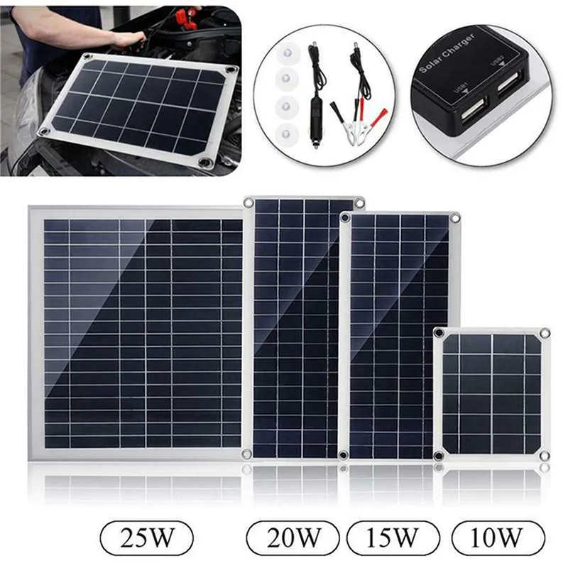 

25W 18V Portable Solar Panel Dual USB Solar Charger Solar Cell Charger with Car Charger Battery Clip for Car Outdoor Camping