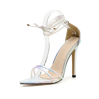 

Europe and the United States bright silver pointed super high heels women's shoes 43 large silver snake high heels