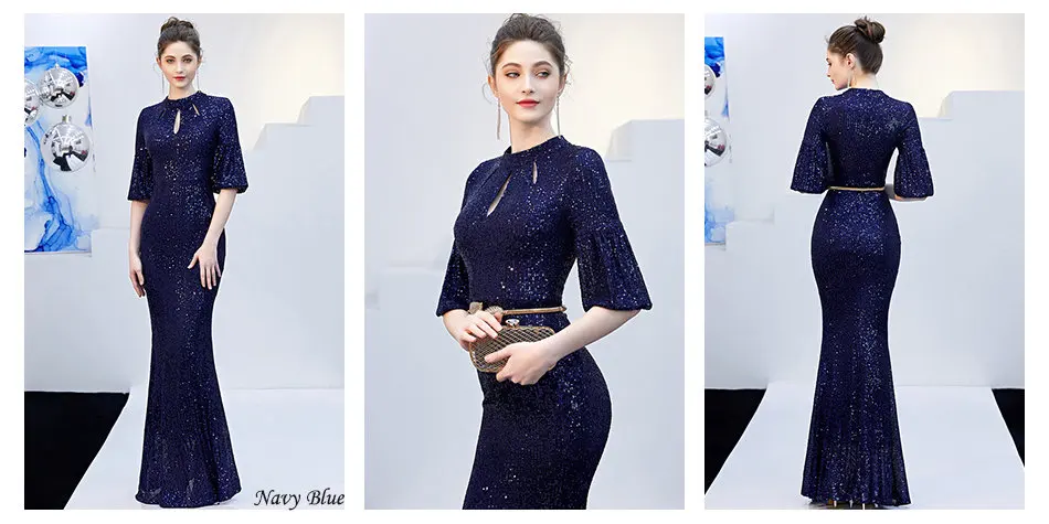 Длинные вечерние платья размера плюс Robe De Soiree DX266-2 цвета шампанского золота с круглым вырезом женское вечернее платье с блестками элегантное платье русалки