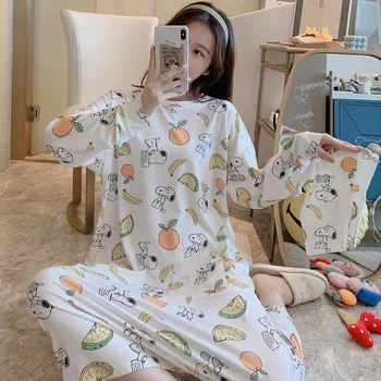 

women cotton Nightdress female summer pajamas dress spring and autumn princess cartoon cute plus fat yard loose robes