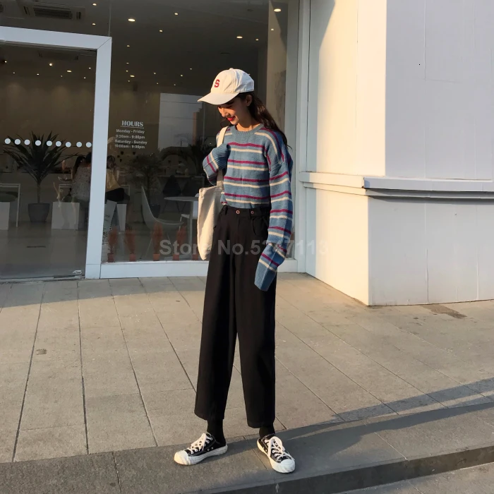Женский корейский стиль Ulzzang Harajuku BF Свободные с высокой талией черные джинсы длиной до щиколотки женские студенческие повседневные шаровары
