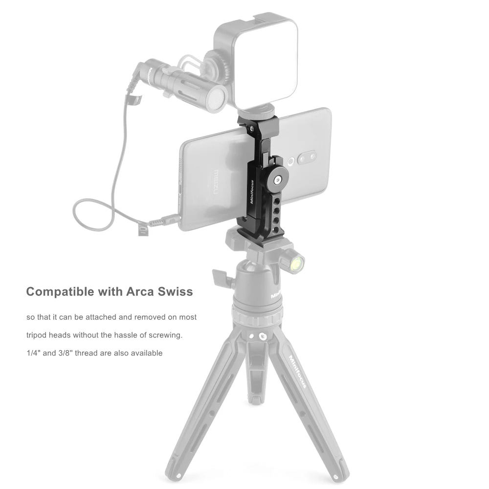 Phone Clip Metal Smartphone Tripod Mount Adapter with Cold Shoe Mount Meet Arca Swiss Quick Release Plate