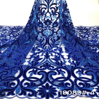 

(5yards/pc) beautiful royal blue African net lace fabric laser cut velvet French lace fabric with sequins embroidery FZZ699