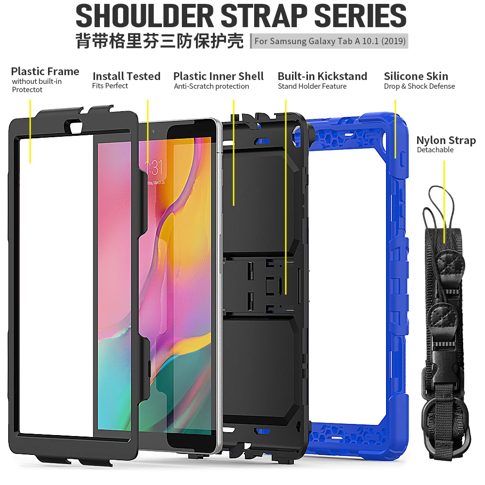 Чехол для планшета для Samsung Galaxy Tab A 10,1 SM-T510 SM-T515 T510 T515 противоударный Heavy Duty с подставкой Повесьте обложка+ ручка+ защитная пленка на экран