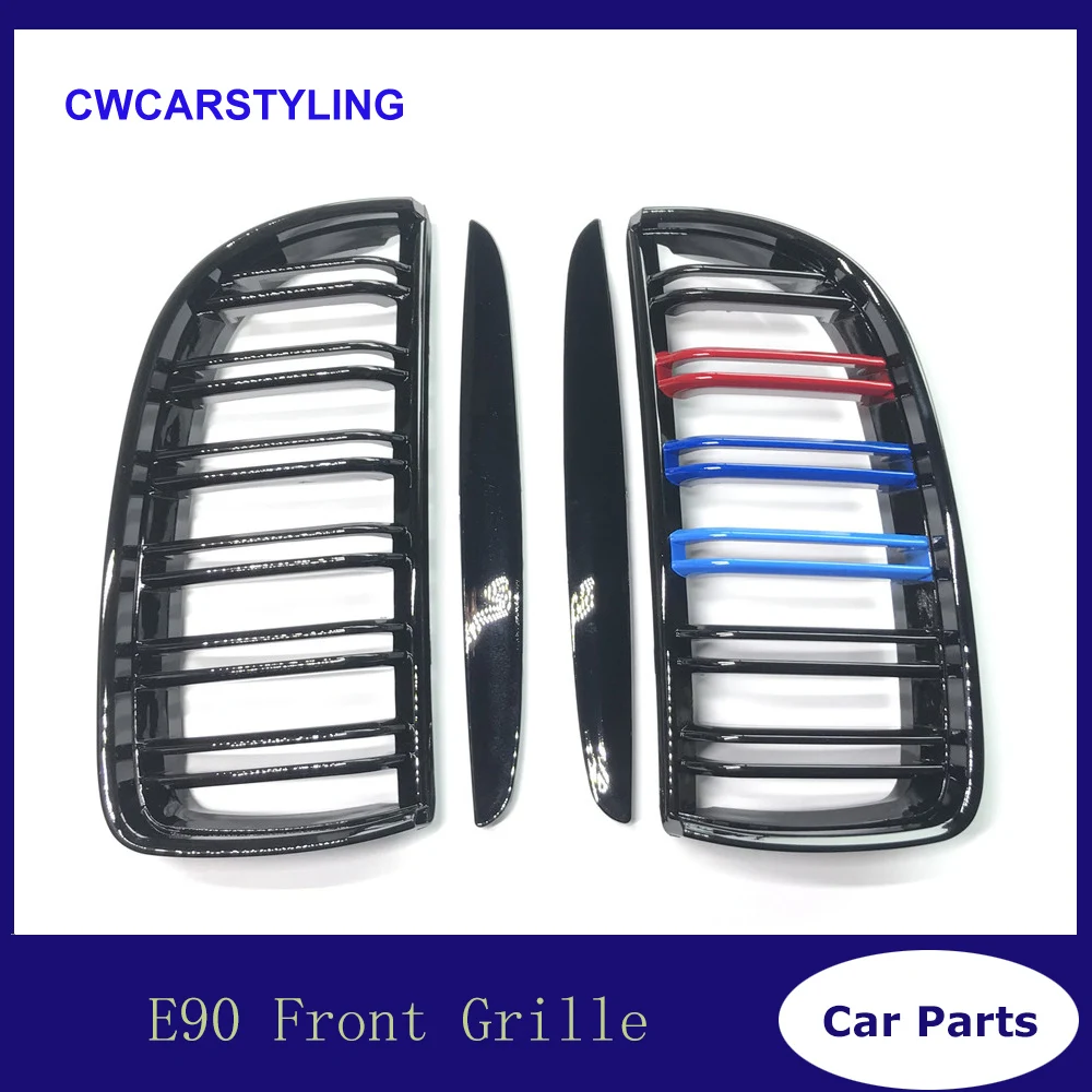 

3 Color 1 Pair Front Glossy Black 2 Line Double Slat Kidney Grille Grill For BMW E90 E91 4 Door 2005 06 07 2008