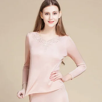 

2020 Spring New Products 100% Mulberry Silk Real Silk Underwear Suit Women's Top Grade Embroidered V-neck Thermal Underwear