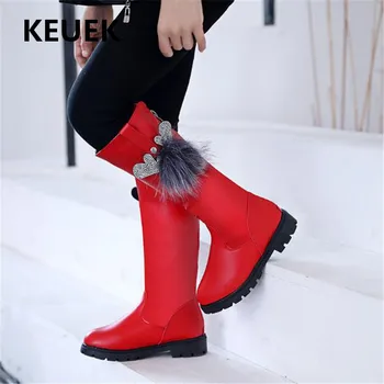 

New Winter Girls High Boots Princess PU Leather Warm Snow Boots Children Shoes Kids Soft bottom Short Plush Baby Toddler Flat 04
