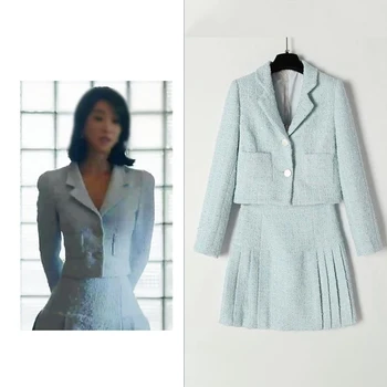 

2 Piece Set Women 2020 Korean Drama TV Star 서예지 Elegant Sets Women Two Piece Outfits Female Blue Coat Lady A Line Mini Skir