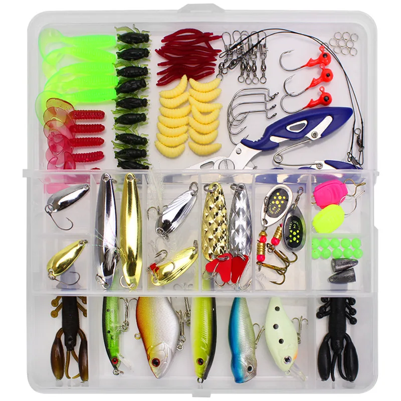 

101pcs Lure Kit Set Spinner Crankbait Minnow Popper VIB Soft Hard Spoon Crank Baits Fishing Hooks Fishing Tackle Box Accessories