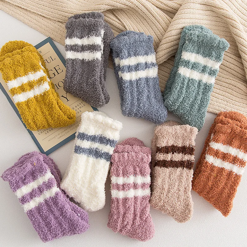 

New Two-bar Coral Fleece Solid Color Girls Autumn and Winter Thick Tube Socks Home Floor Socks Sleep Socks