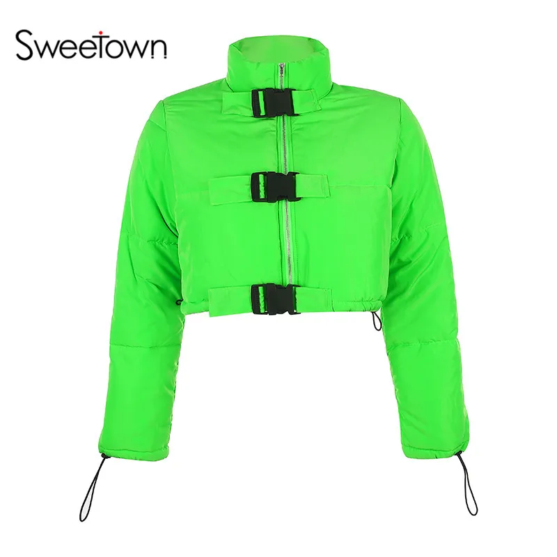 Sweetown неоновый цвет панк готический теплые женские зимние куртки пальто с пряжкой черная молния водолазка осеннее дамское кожаное пальто - Цвет: green