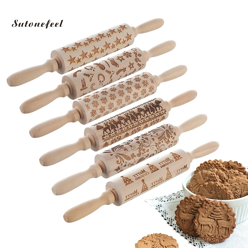 

Christmas Style Rolling Pin Wooden Dough Roller for Pastry Biscuits Cookies Baking Patterned Roller Fondant Baking Tool