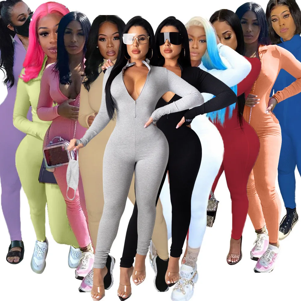 

JRRY Casual Women Ribbed Jumpsuits Long Letters Sleeves Turtleneck Zippers Rib Bodysuit Skinny Raised Lines Pattern Outdoor Wear