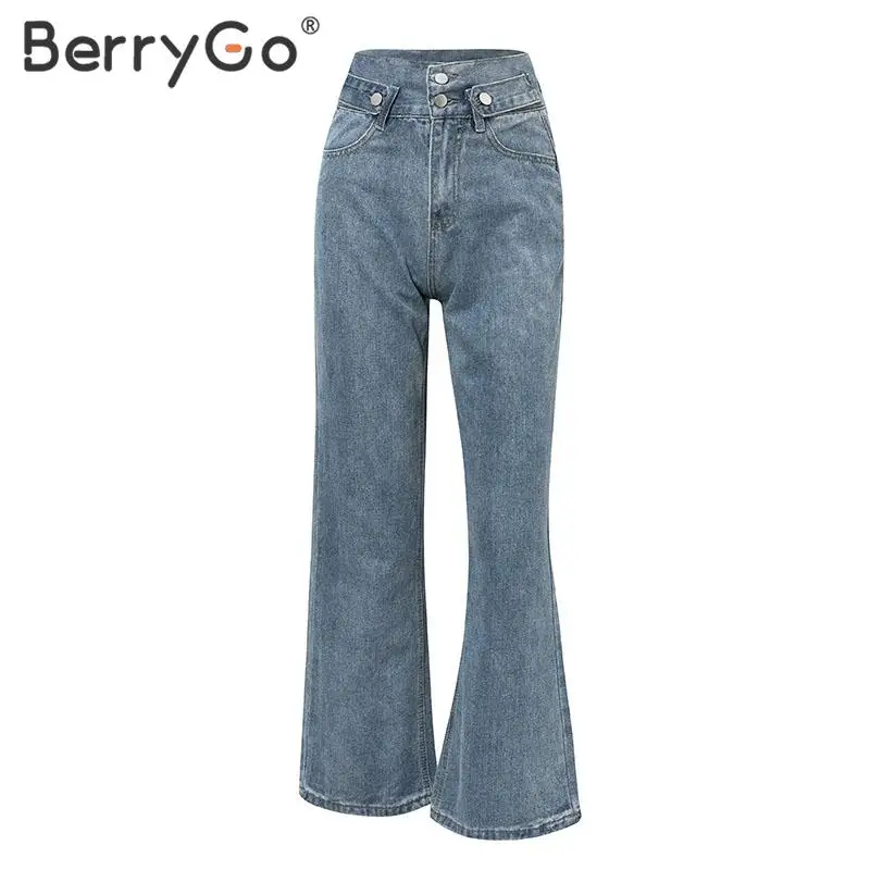 BerryGo, женские свободные джинсы с высокой талией, весенние однотонные джинсовые штаны на пуговицах, Летние Ретро женские шикарные синие джинсовые штаны на молнии
