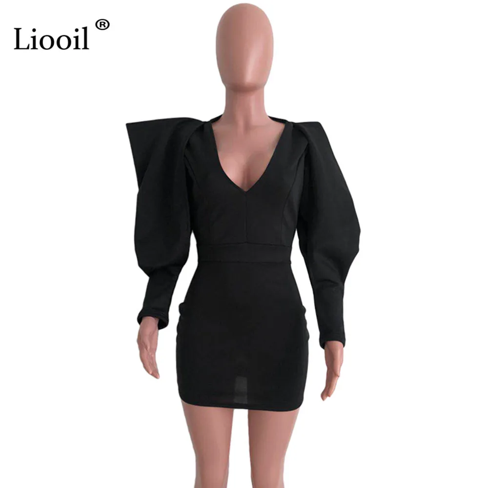 Liooil, сексуальное облегающее мини-платье, Женская Клубная одежда, наряд, Осень-зима, длинный рукав, с разрезом, v-образный вырез, черные облегающие платья, женские вечерние платья