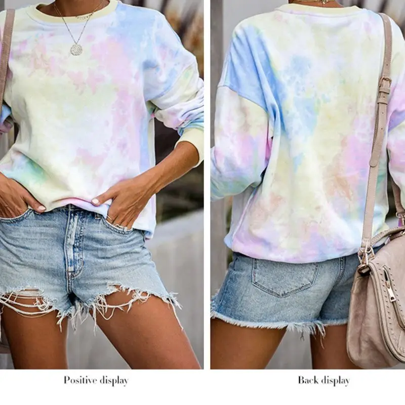 

Womens Crew Neck Long Sleeve Sweatshirt Tie-Dye Rainbow Colorful Graffiti Printed Pullover Tops Casual Loose Rib Trim Streetwear