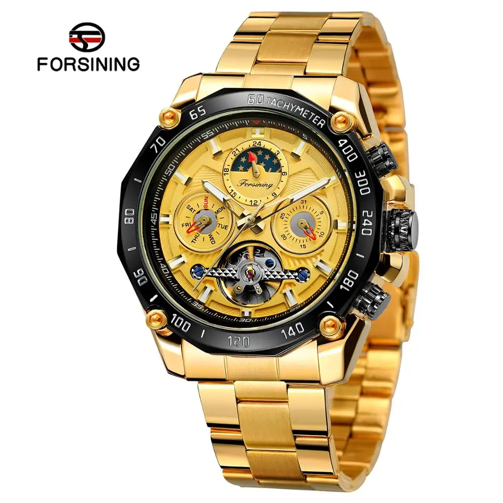 Forsining полностью черные Tourbillon механические часы мужские Moonphase Дата нержавеющая сталь Группа Автоматические наручные часы Erkek Kol Saati - Цвет: Type 1
