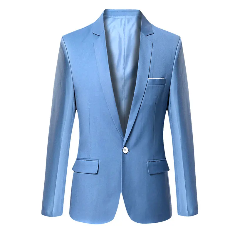 light blue Мужской модный Блейзер длинный рукав сплошной цвет Тонкий Повседневный тонкий костюм черный синий плюс размер мужской пиджак Свадебный Мужской Блейзер VK-ING - Цвет: light blue