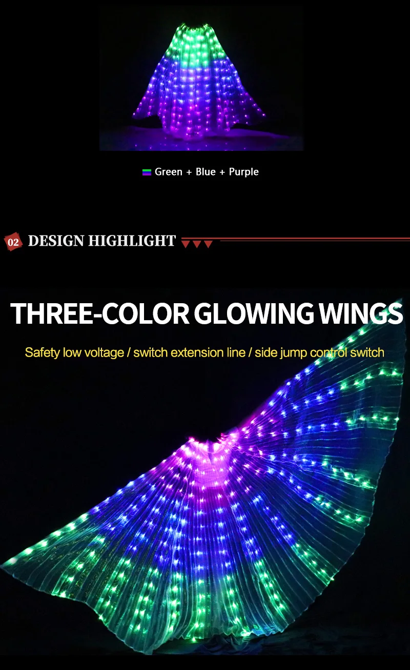With Sticks Belly Dance LED Wings Dance Accessory LED 3 Colors Wing Stage Performance LED Wing Belly Dance Colourful Wings