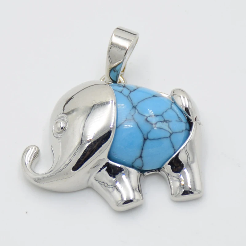 Fashion Silver Color Cute Animal Elephant Natural Stone Crystal Bead Pink Quartzs Tiger Eye Necklace Pendant for Women Men Charm