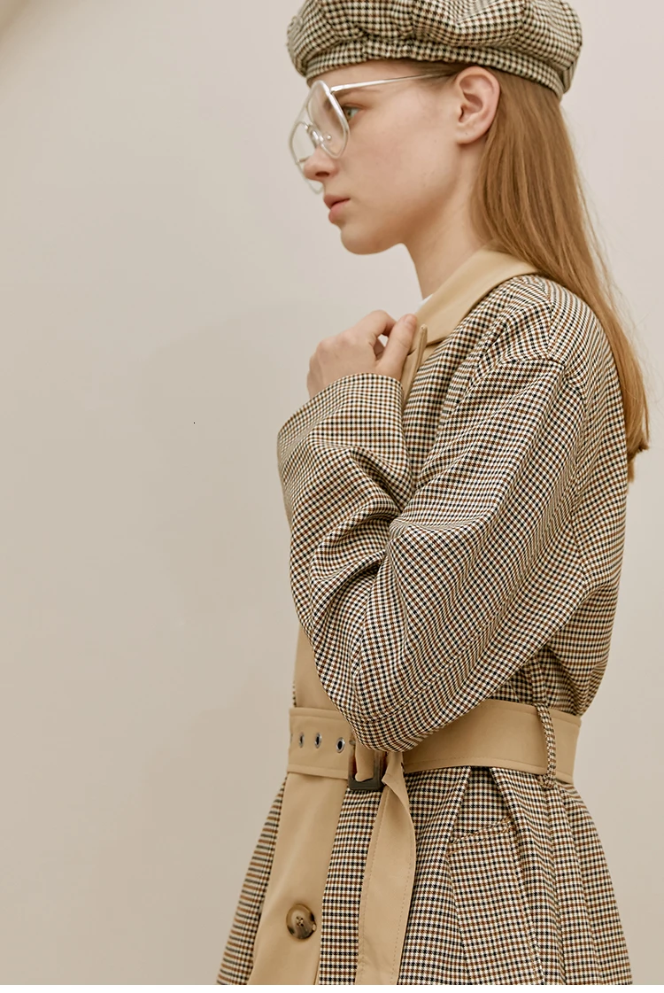 [DEAT] Women Plaid Belt Double Striped Trench New Lapel Long Sleeve Loose Fit Windbreaker Fashion Tide Autumn Winter 13E272