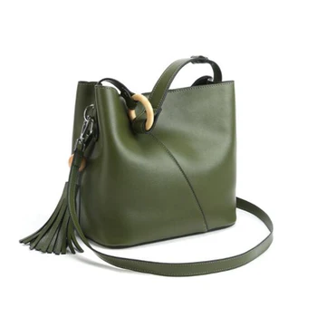 

Hot Sale Ladies Bucket Bags Handbags Women Famous Brands Real Leather Fashion Tassel Single Shoulder Messenger Bags Green Black