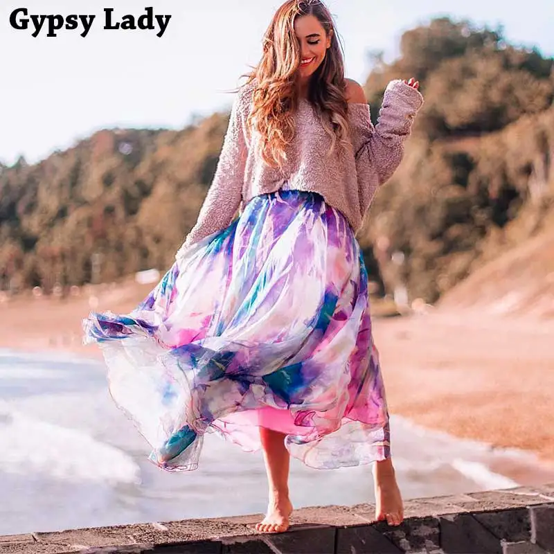 GypsyLady Цветочная Бохо длинная юбка макси эластичная плиссированная юбка с большим подолом Женская шикарная xanadu летняя юбка Новинка faldas