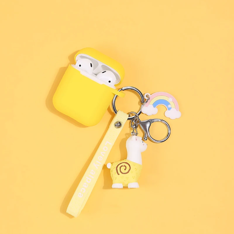 Мультфильм животных кожухи головных телефонов для Airpods 2 Силиконовые беспроводные Bluetooth милые наушники защитный чехол Альпака Радуга брелок