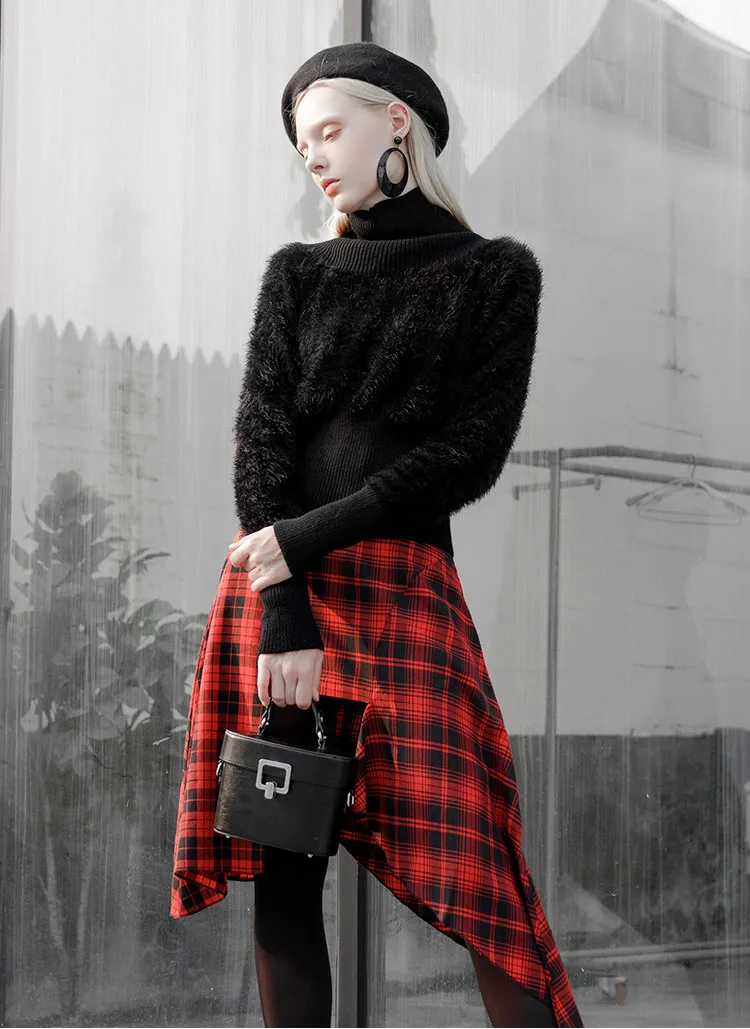 PUNK RAVE Girl Temperament Sweater Female Short Design Slim High Collar Pullover Autumn and Winter Black Sweaters