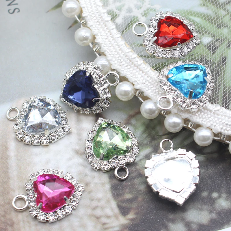 도매 10pcs 17*20mm 실버 하트 크리스탈 라인 석 펜던트 장식 귀걸이 목걸이 DIY 수제 액세서리