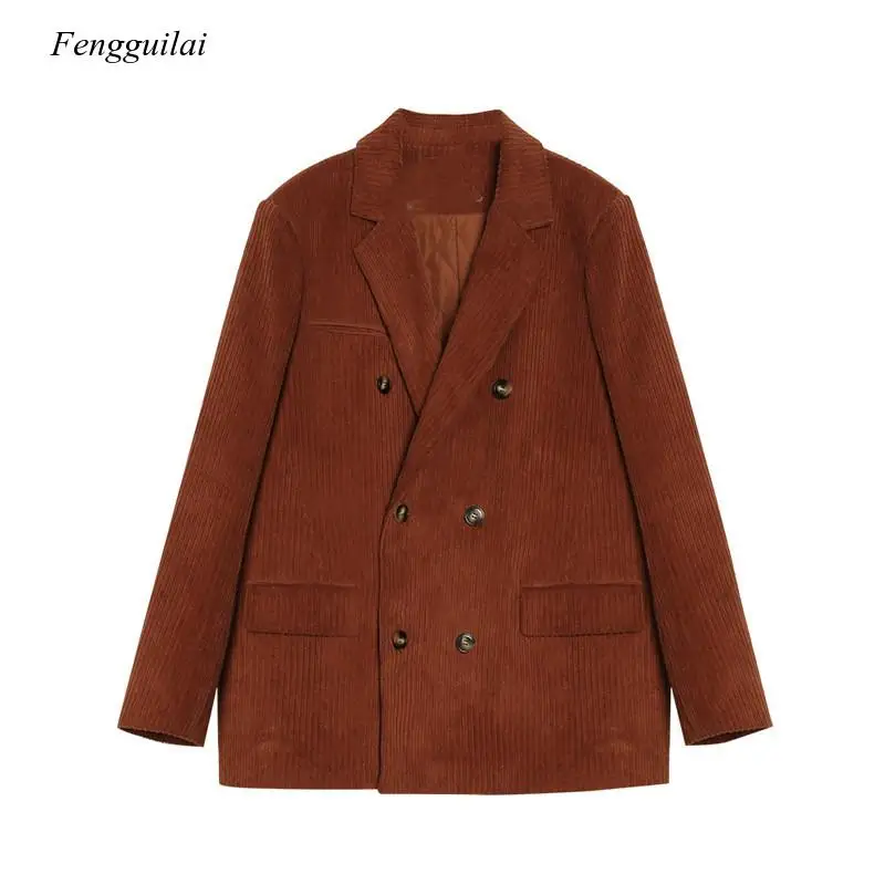 

2021 Autumn Winter Women's Blazers Corduroy Jackets Double Breasted Pockets Outerwear Vintage Solid Thin Coats