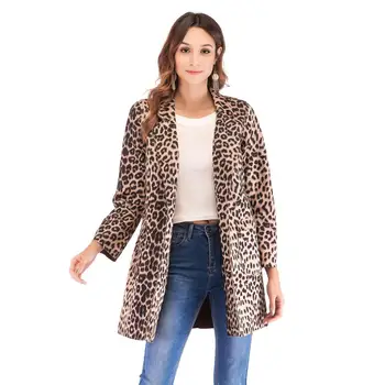 

Leopard Printed Jacket Female Fashion Medium Long Outerwear Women Long Sleeved Turn Down Collar Vintage Autumn Winter Jackets