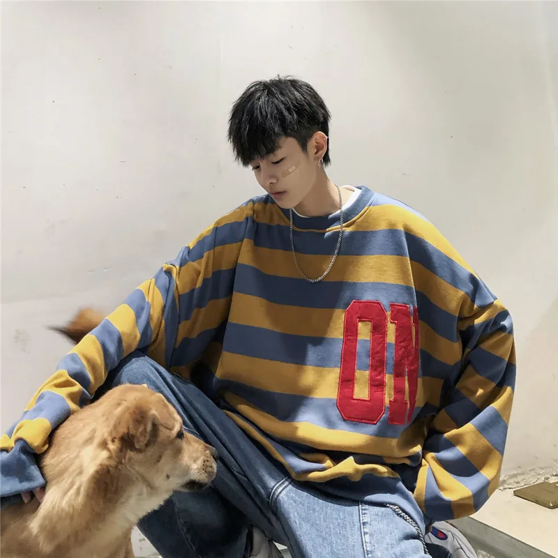 Yellow blue Весенняя Новая мужская Молодежная японская версия Harajuku стиль с длинными рукавами Пара моделей горизонтальная полоса двухцветная Повседневная рубашка - Цвет: Yellow blue