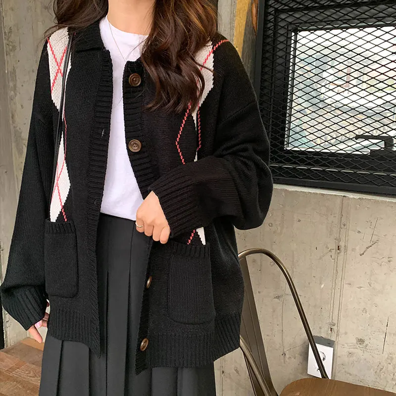 Neploe Preppy Style Vintage Sweater Coat Contrast Color Argyle Knitted Cardigan Korean Autumn Winter Causal Jumper Jacket 55588