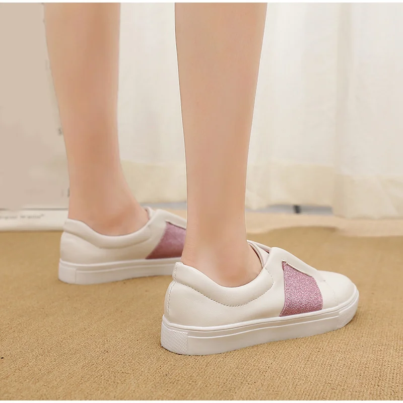 MCCKLE Bling Slip On Shoes Woman Flats Autumn Vulcanized Ladies Platform Comfortable Casual White Shoes Female Fashion Plus Size