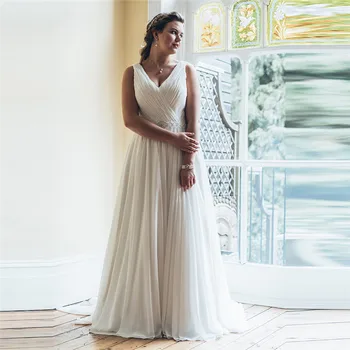 

Sexy V-Neck Pleated A-Line Wedding Dress Chiffon Long Plus Size Bandage Back Country Simple Bridal Gowns 2021 Custom