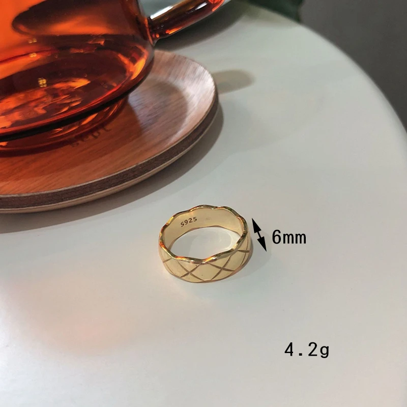 Корейское кольцо с ромбовидным резным крестом, Фигурное волнистое широкое кольцо, 925 пробы, серебряное, Золотое полированное кольцо, элегантное женское кольцо, ювелирное изделие, Размер 6/7/8