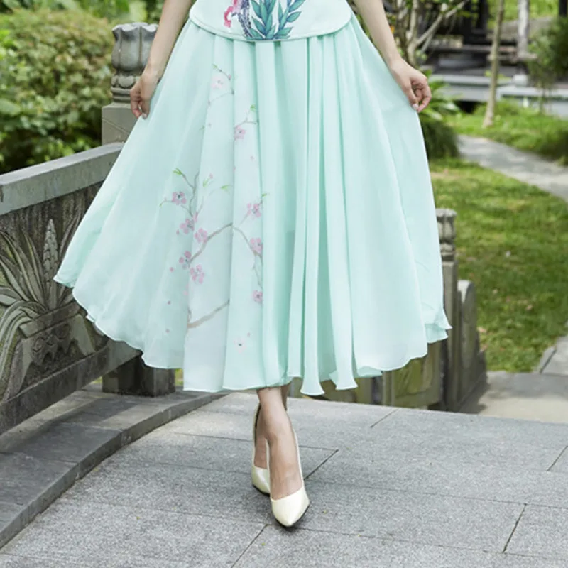 Sheng Coco Chiffon Chinese Style Skirt Bandage Tulle Long Boho Maxi Skirt Half-body Oriental Pink White High Waist Midi Skirt