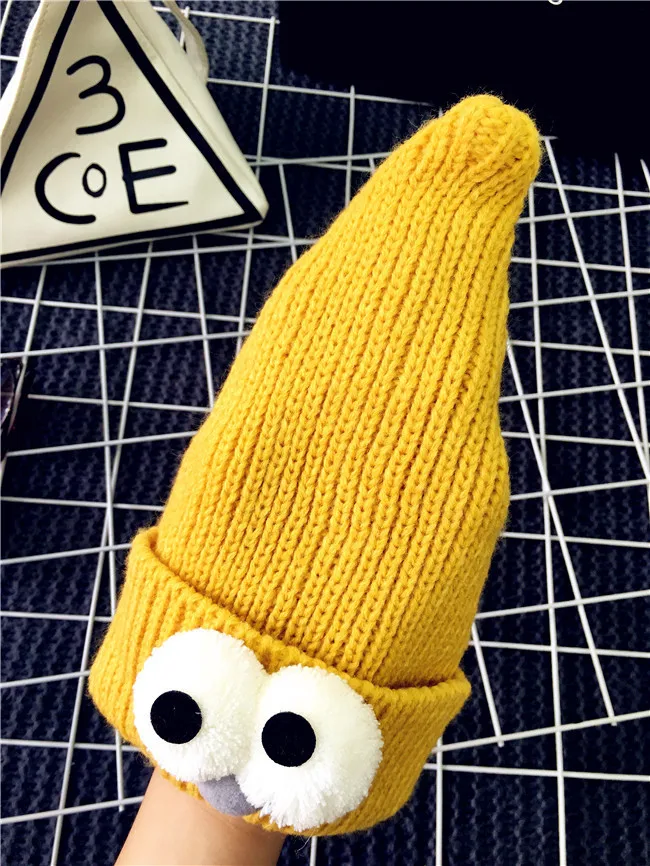 Осенне-зимняя детская шапка с большим глазом, вязаная зимняя шапка для девочек и мальчиков, детская шляпка, связанная крючком, детская шапка с рисунком, вязаные шапки для девочек - Цвет: Цвет: желтый