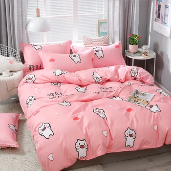 

Home Textile Bedding Sets 5 size Pink Pig Summer Bed Linens 3/4pcs Duvet Cover Set Pastoral Bed Sheet AB Side Duvet Cover