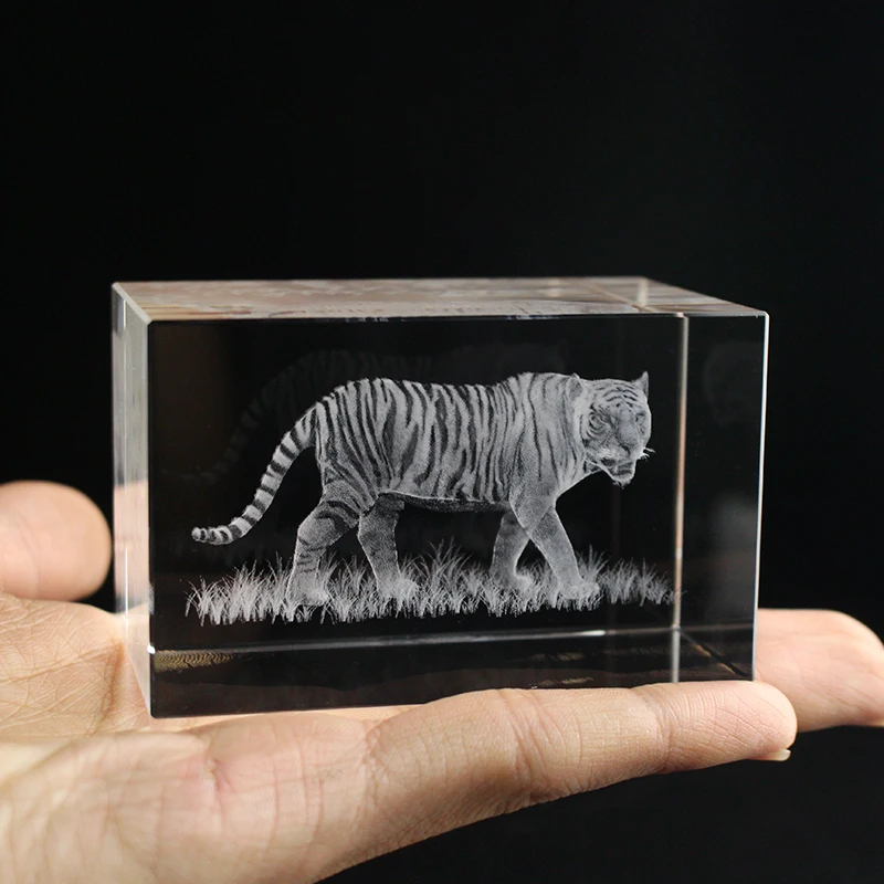 3D Laser Engraved Cube K9 Crystal Tiger Image Sculpture White DIY Souvenir Crafts 6