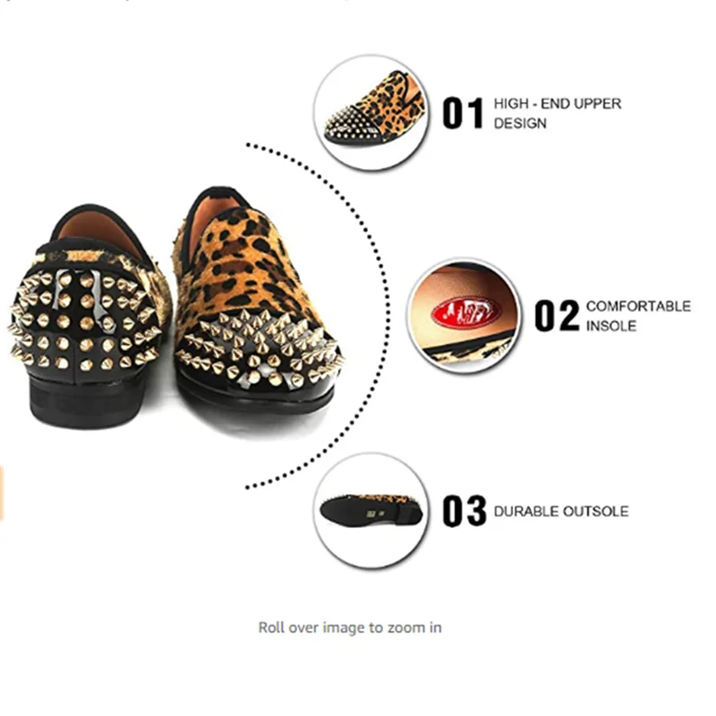 XQWFH Mens Leopard Loafers Luxury Velvet Spiked Slip on Dress Shoes Fashion Penny Smoking Slipper Men Brand Moccasins Flats 3