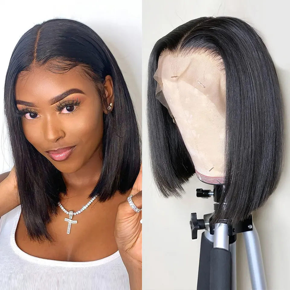 Virgen Natural Bob corto peluca recta 13X4 frente de encaje 100% pelucas de cabello humano para las mujeres negras