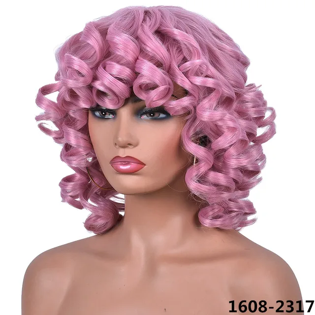 Short Hair Afro Curly Wig With Bangs Loose Synthetic Cosplay Fluffy Shoulder Length Natural Wigs For Black Women Dark Brown 14