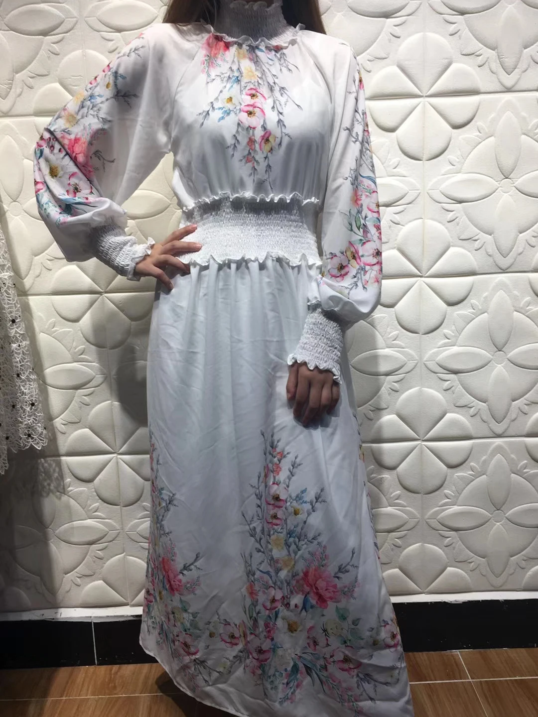 Zim Брендовое длинное женское платье с цветочным принтом в стиле подиума, Boho, Пляжное, белое, фонарь, туника с длинным рукавом, винтажное элегантное женское платье