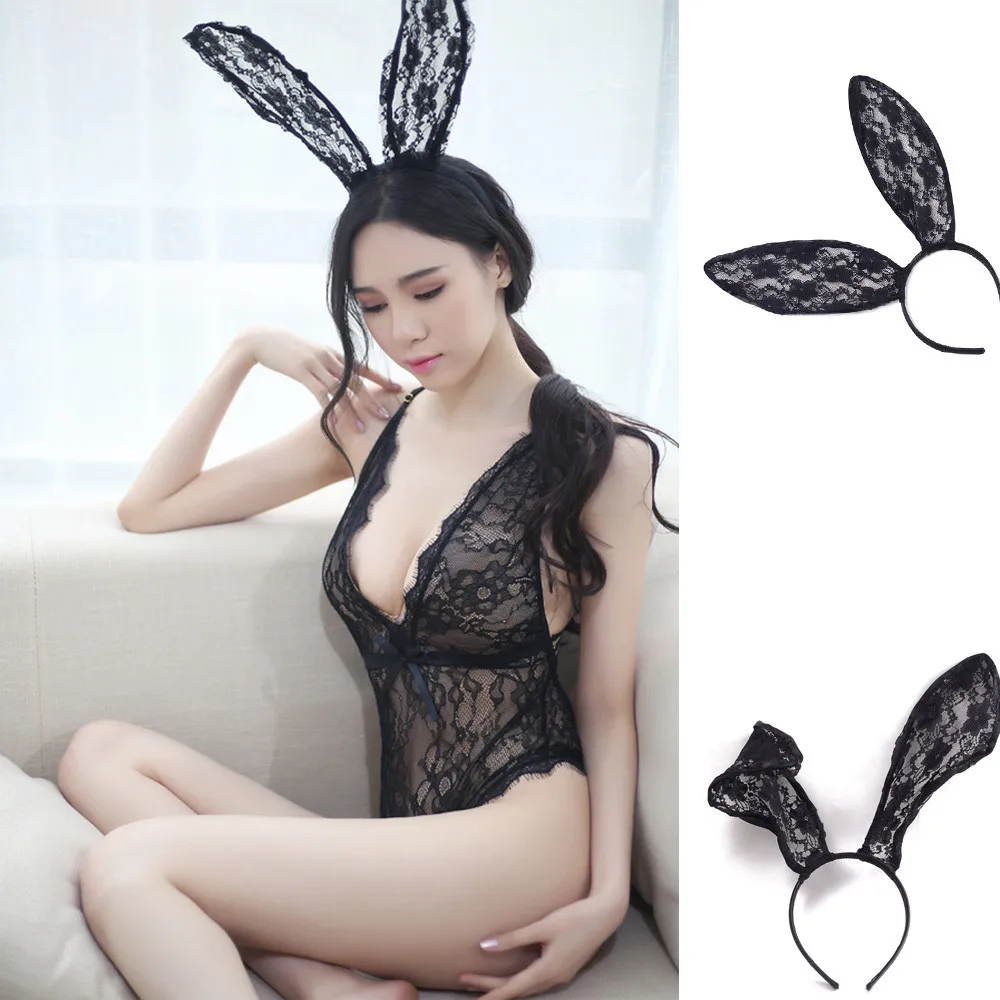

Sexy Cosplay Female Lace Rabbit Ears Hair Hoop Charm Accessories Black A Gift of Love Oktoberfest sexy costumes disfraz mujer D3