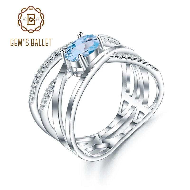 GEM'S BALLET 925 Sterling Silver Criss-Cross Finger Ring 0.95Ct Natural Sky Blue Topaz Gemstone Rings For Women Fine Jewelry | Украшения